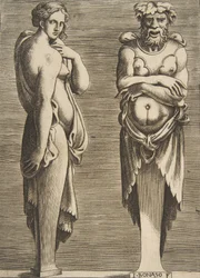 Two Terms, en nymfe til venstre Silvanus til høyre, ca. 1530-50.