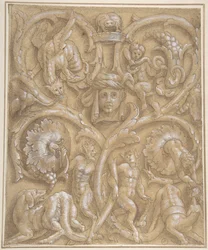 Design for et dekorativt panel med Rinceaux, Satyrs, Putti, monstre og et menneskehode, 1535-45.