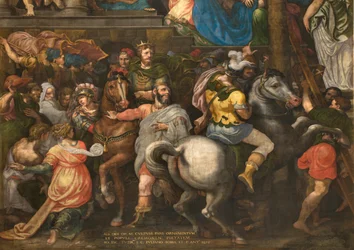 Vegg overfor motfasaden til det sørlige transeptet, Giuseppe Campi, Triumph of Mordecai 1567, Detalj nedre del