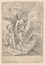 En skytsengel som går hånd i hånd med et lite barn, 1640-60.