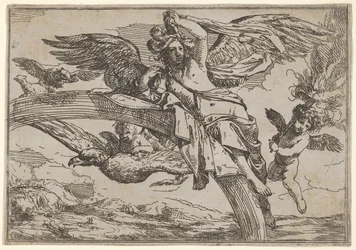 Luft, representert av Iris lenende på regnbuen, akkompagnert av en bevinget putto-bjørn..., 1640-60.