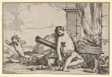 Brann, representert av Venus sittende foran Vulcans smiing, med rustning, en kanon og kanon..., 1640-60.