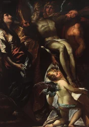 Nedstigningen fra korset med de hellige Maria Magdalena, Augustin, Hieronymus og engler, ca. 1618 (olje på lerret)