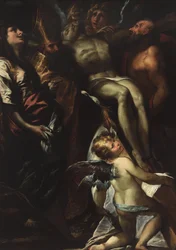 Nedstigningen fra korset med de hellige Maria Magdalena, Augustin, Hieronymus og engler, ca. 1618