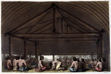 På øya Venner (Tonga), drikker kong Pulaho Kava - i "The Old and Modern Costume"" av Dr. Jules Ferrario, red. Milan