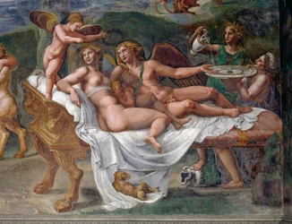 Amor og Psyke med datteren Voluptas (Lyst) liggende på en seng, detalj fra Bryllupsfest eller Gudenes bankett, Palazzo Te, Mantova (UNESCOs verdensarvliste, 2008), Lombardia, Italia