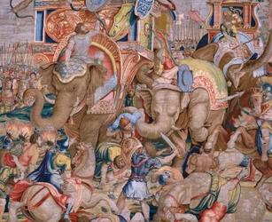 flamsk billedvev. Serien The Acts of Scipio. Slaget ved Zama. Tegneserieskaper Giulio Romano. Atelier av Balthasar van Vlierden (?), Brussel. 1523-1532. Detalj.