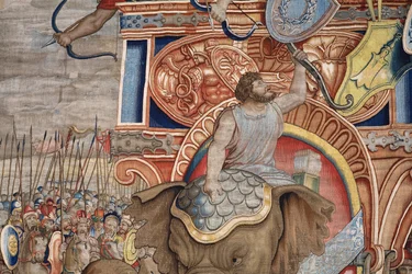flamsk billedvev. Serien The Acts of Scipio. Slaget ved Zama. Tegneserieskaper Giulio Romano. Atelier av Balthasar van Vlierden (?), Brussel. 1523-1532. Detalj.