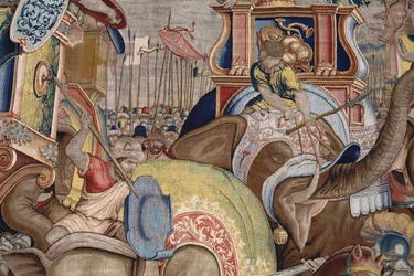 flamsk billedvev. Serien The Acts of Scipio. Slaget ved Zama. Tegneserieskaper Giulio Romano. Atelier av Balthasar van Vlierden (?), Brussel. 1523-1532. Detalj.