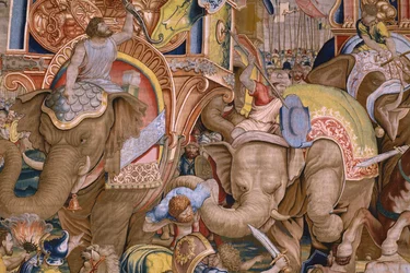 flamsk billedvev. Serien The Acts of Scipio: Slaget ved Zama. Tegneserieskaper Giulio Romano. Atelier av Balthasar van Vlierden (?), Brussel. 1523-1532. Detalj.