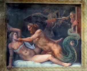 Olympia blir forført av Jupiter, hvis torden blir grepet av en ørn som borer øyet til den sjalu kongen av Makedonia, fra Sala di Amore e Psiche, 1528