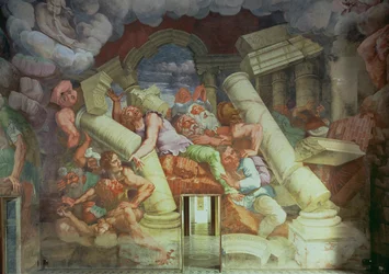 Sala dei Giganti, detalj om ødeleggelsen av kjempene av Jupiters tordenbolter, 1536 fresco for detaljer se 78488