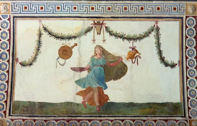 Camera con Fregio di Amorini Chamber of the Cupid Frieze detalj av taket som viser en kvinne som holder en bolle, freskomaleri fra 1520-tallet
