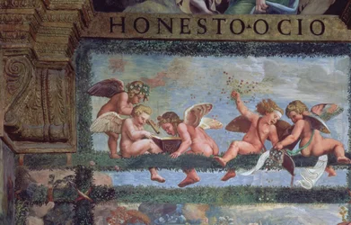 Den rustikke banketten, detalj av putti som lager musikk, fra Sala di Amore e Psiche, 1528 freskodetalj fra 78428