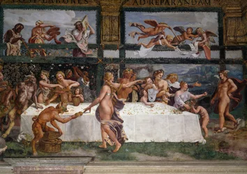 Bryllupsfest eller gudenes bankett, freske av Giulio Romano (1499-1546), vestveggen i Amor og Psykes kammer, Palazzo Te, Mantova (UNESCOs verdensarvliste, 2008), Lombardia, Italia