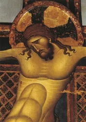 Nærbilde av et veggmaleri av Jesus Kristus, St. Dominic Church, Giunta Pisano, Bologna, Emilia Romagna, Italia