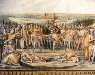 Kamp mellom Horatii og Curiatii, av Giuseppe Cesari (1568-1640), freskomaleri, Hall of Horatii og Curiatii, Conservatories Palace, Roma, Romerriket, Italia