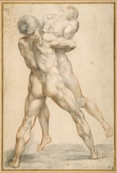 Hercules som bryter med Antaeus (svart og rødt kritt på hvitt papir)