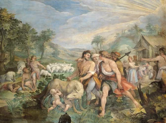Romulus og Remus, diet av en ulvinne, funnet av Faustulus på Tibers bredder, av Giuseppe Cesari (1568-1640), freske, Horatiernes og Curiatiernes sal, Konservatorpalasset, Roma, Det romerske kongeriket, Italia