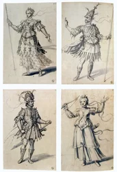 Guiseppe Arcimboldo (ca. 1530–1593) italiensk maler. Kostymedesign for klassiske guddommer. Diana/Artemis og Mars/Ares. Guiseppe Arcimboldo (ca. 1530–1593) italiensk maler. Penn, blått blekk og akvarell på papir.