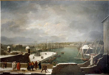 Utsikt over havnen i Genova dekket med snø (olje på lerret