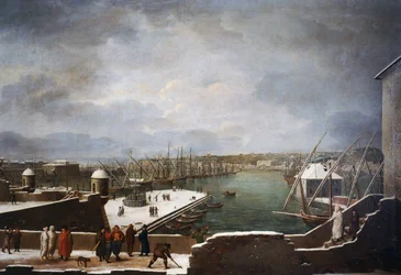 Utsikt over havnen i Genova i snøen