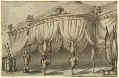 Scenedesign, en paviljong med krigstrofeer