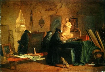 Kjennere i karnevalskostyme i et interiør med bilder og gjenstander av kunst og vitenskap (olje på papir lagt på lerret)