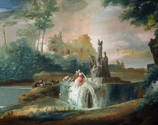 Galant scene av gjetere i et imaginært landskap, av Giuseppe Bernardino Bison (1762-1844)