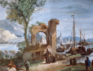 Imaginær utsikt: Havn med ruiner og foss, av Giuseppe Bernardino Bison (1762-1844)
