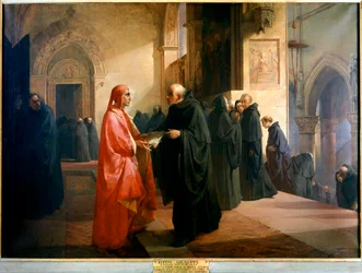 Dante Alighieri gir broder Ilario en notatbok som inneholder en del av Den guddommelige komedie