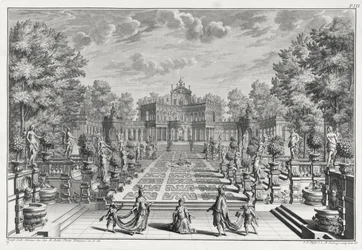 Oppsetting for en opera i en hage, fra Architectus Theatralis Primarius, gravert av Johann Andreas Pfeffel (1674-1748), utgitt 1740