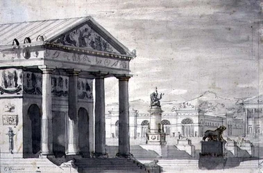 Nyklassisk scenesett, ca. 1825 (penn og blekk og sepiavask på papir)