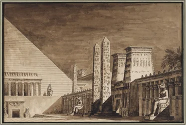 Scenografi for operaen Semiramide av Gioachino Rossini - Giuseppe Borsato (1771-1849). Penn, pensel, indisk blekk på papir