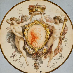 Et ovalt portrett av en kvinne i profil med en dekorativ kant av grotesker og swags, med flankerende allegoriske berømmelsesfigurer og seier som holder en koronet,