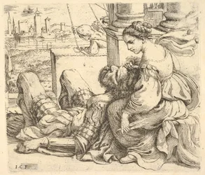 Delila holder Samsons hår og en saks, 1620-30.