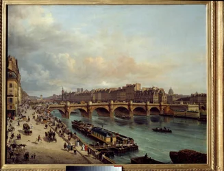 La cite et le Pont Neuf sett fra Quai du Louvre I forgrunnen en båtvask (båtvask) og den store aktiviteten ved Seines bredder. Maleri av Canella Giuseppe Canella l'Ain (1788-1847). 1832 søn. 1,04 x 1,30 Paris, Musee Carnavalet