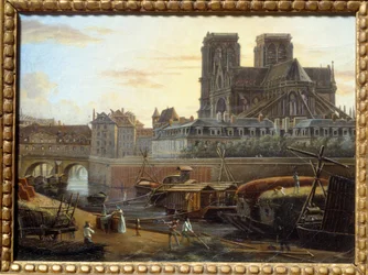 Saint Charles-broen, hotel dieu, archeveche og Notre Dame sett fra Quai de la Tournelle i Paris. Maleri av Giuseppe Canella (1788-1847) EC.ITAL.