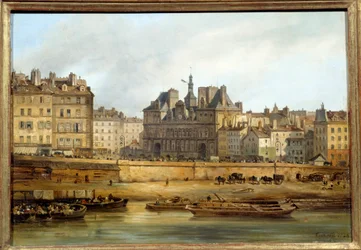 Rådhuset og Place de Greve sett fra Ile de la Cite i Paris. Maleri av Giuseppe Canella (1788-1847) EC.ITAL.