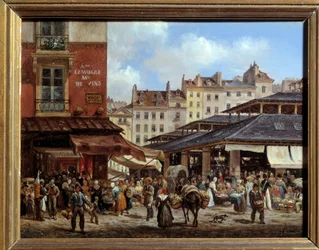 Utsikt over hallene i Paris Maleri på papp av Giuseppe Canella (1788-1847) 1828. Dim 0,14 x 0,19 m Paris, Musee Carnavalet