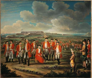 Lady Louisa Lennox med ektemannens regiment, 25th Regiment of Foot, med Lord George Lennox ved siden av seg, og Fort St Philip, Port Mahon, i bakgrunnen, ca. 1771