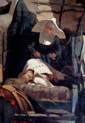 Italiensk militærleir under slaget ved Magenta Slaget ved Magenta 4. juni 1859 under det italienske felttoget som førte til en fransk-sardinsk seier ledet av Napoleon III mot østerrikerne - Detalj som viser en hjelpepleier en såret bærer på en ca.