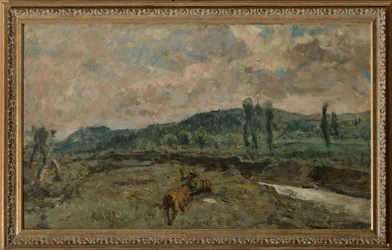 Landskap med vogner (olje på panel)