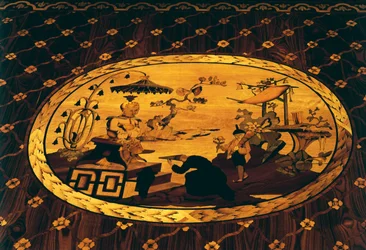Kinesisk inspirert scene, detalj fra skrivebord av Giuseppe Maggiolini (1738-1814) med innlegg fra design av Giuseppe Levati (1739-1828), donert av erkehertug Ferdinand til keiserinne Maria Theresa av Østerrike, Italia
