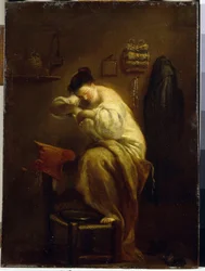 Kvinne på jakt etter lopper. (Kvinne på jakt etter lopper). Maleri av Giuseppe Maria Crespi (1665-1747), olje på lerret, ca 1710. Italiensk kunst (Bologna)