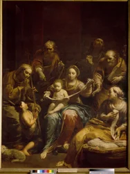 Den hellige familie (Den hellige familie). Jomfruen og Kristusbarnet er i sentrum av maleriet, omgitt av Joseph, Saint Elisabeth og Saint John the Baptist, barn. Maleri av Giuseppe Maria Crespi kjent som Lo Spagnolo (1665-1747), olje på lerret, cirka 17