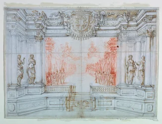 Tegning, scenografi: Ballett Cele, 1674