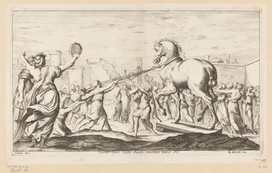 Paard van Troje wordt binnengehaald Scandit equus ruptos Fatalis machina muros (title on object) Omzwervingen van Aeneas (series title) L