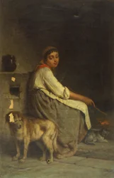 Kvinne med hund og katt ved peisen