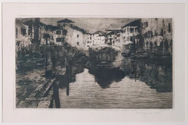 Fiskemarkedskanalen i Chioggia (radering på hvitt papir)